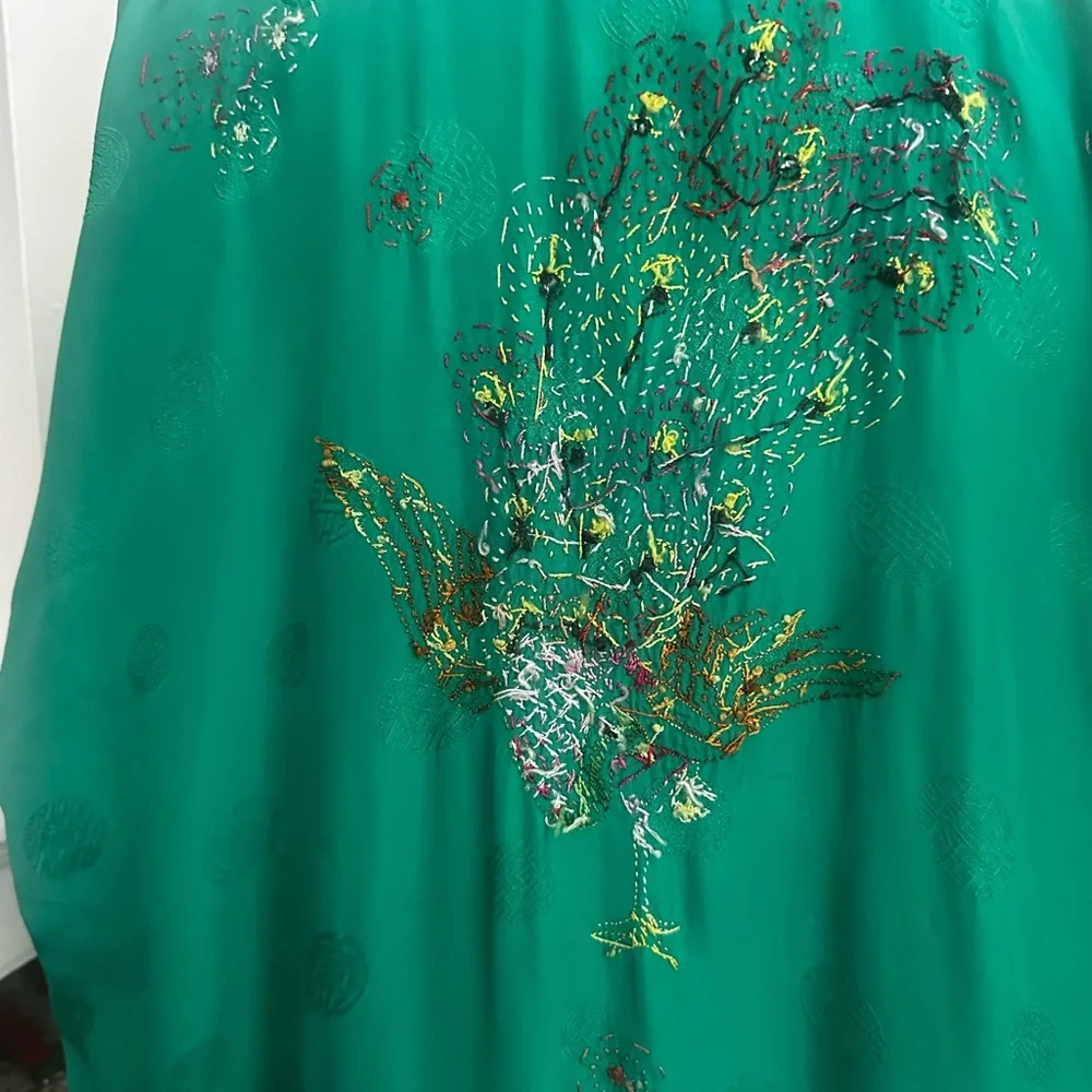 Golden Bee Green traditional vintage Chinese Kimono with Peacock Embroidery sz M - Picture 9 of 15